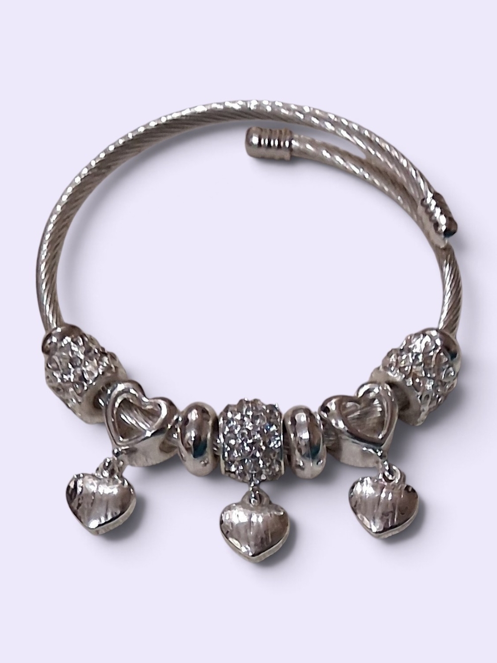 Silver Heart Charm Cubic Zirconia Bracelet with Sparkling Beads